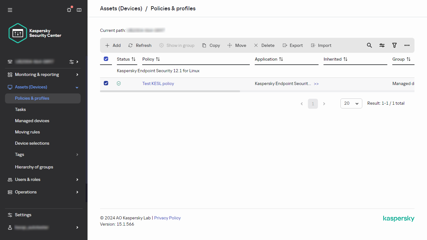 Policies and profiles: a policy with a checkbox selected.