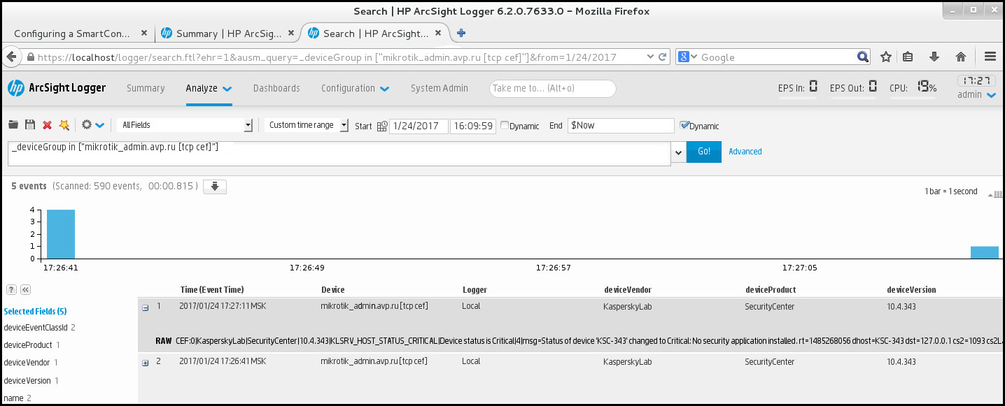 The events exported to ArcSight.