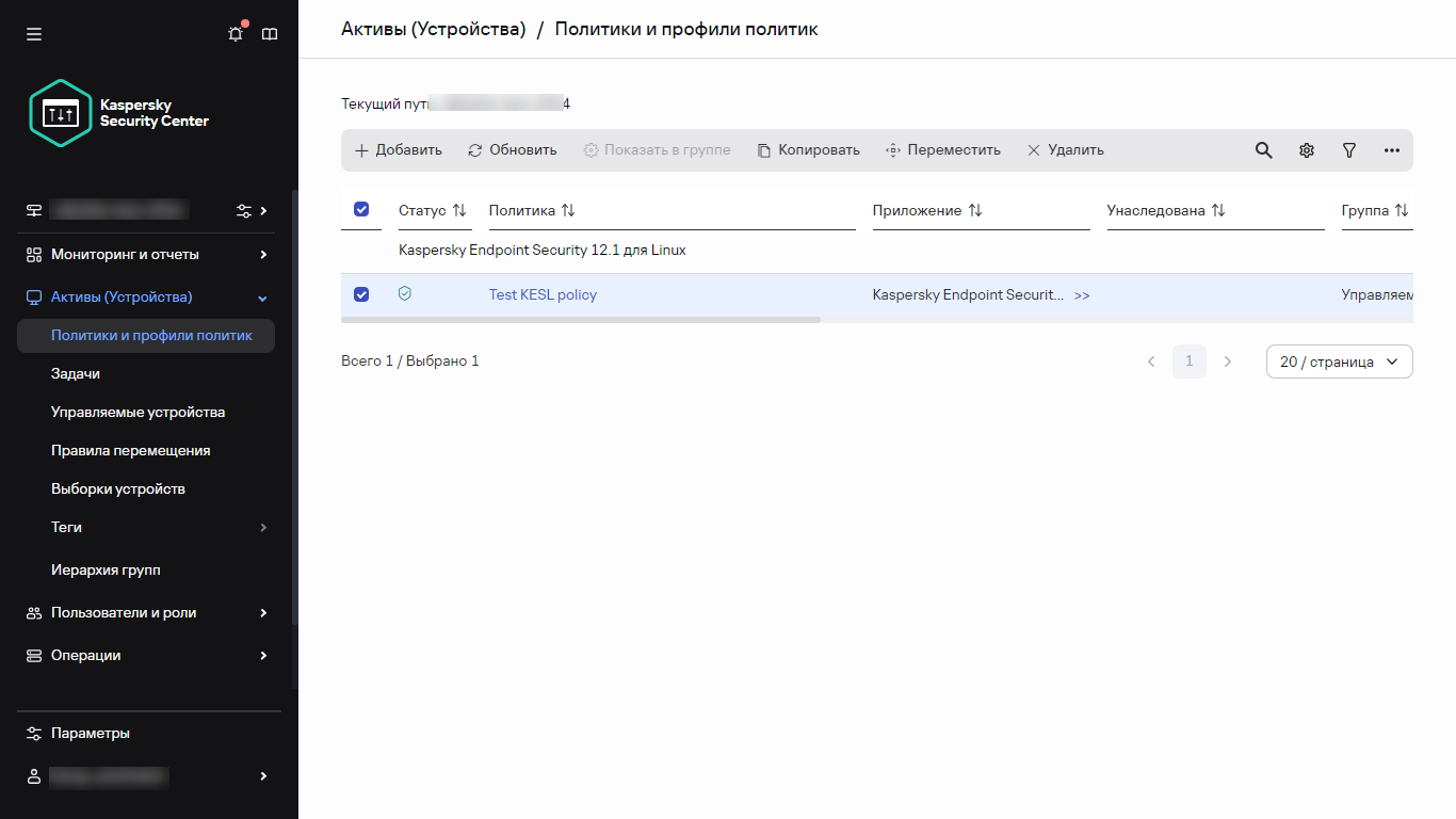 Окно политик и профилей с выбранной политикой.