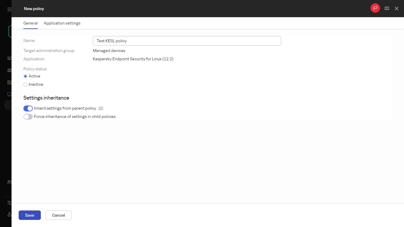 The General tab of the window of creating a new policy.