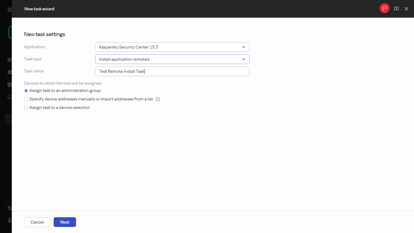 Settings of the Install application remotely task.