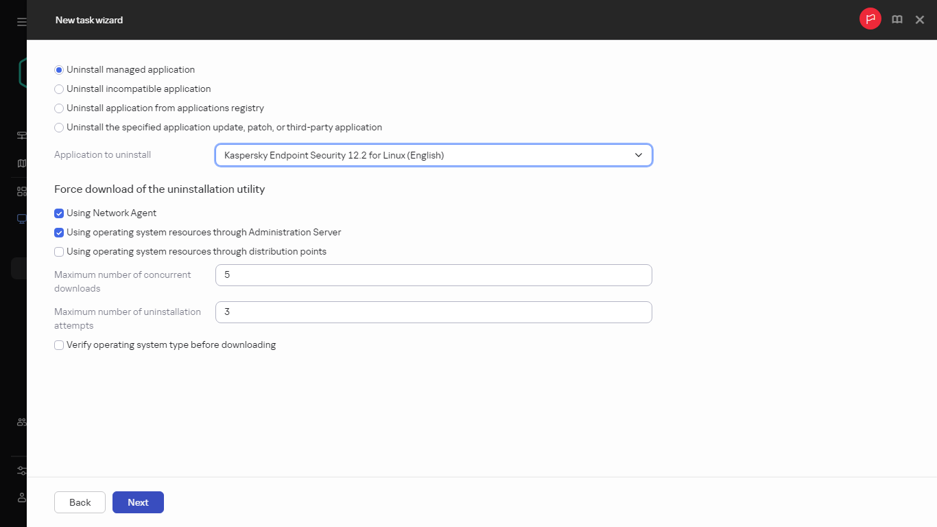 Settings of the Uninstall application remotely task.