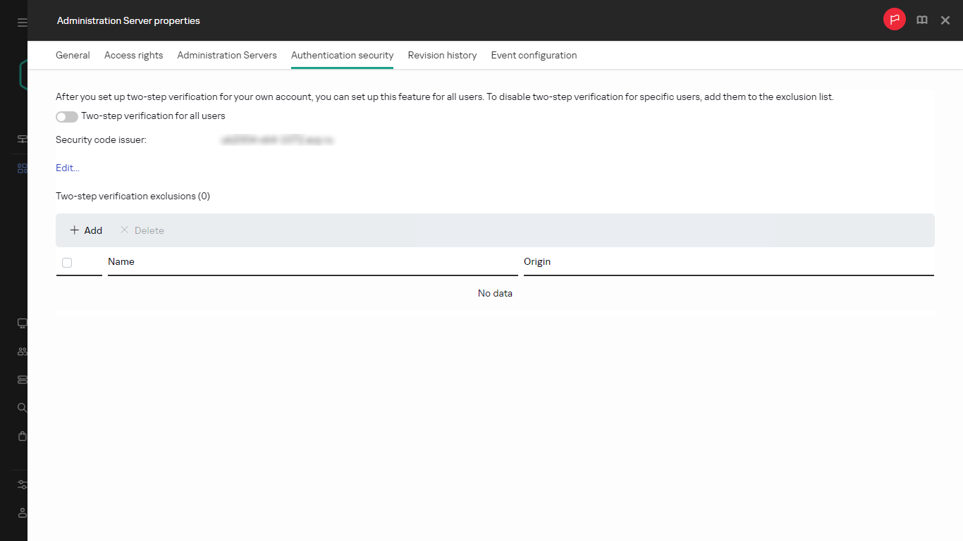 The Authentication security tab in Administration Server properties.