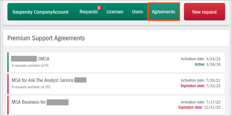 Viewing premium support contracts in Kaspersky CompanyAccount