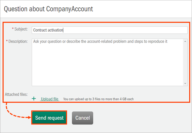 Creating a request for contract activation in Kaspersky CompanyAccount