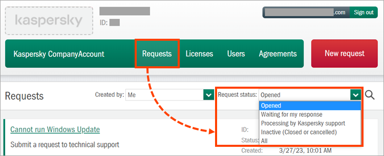 Request filtering by status in Kaspersky CompanyAccount