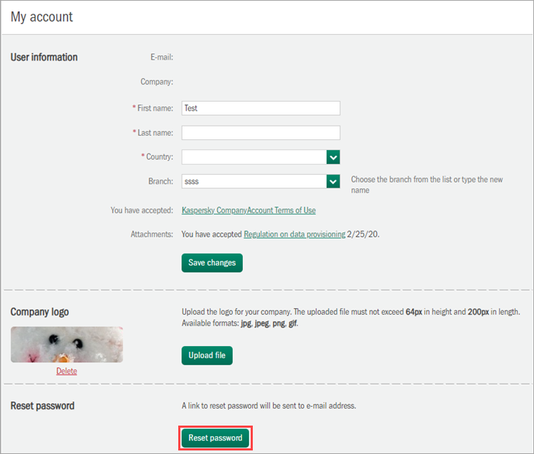 Resetting a password in Kaspersky CompanyAccount